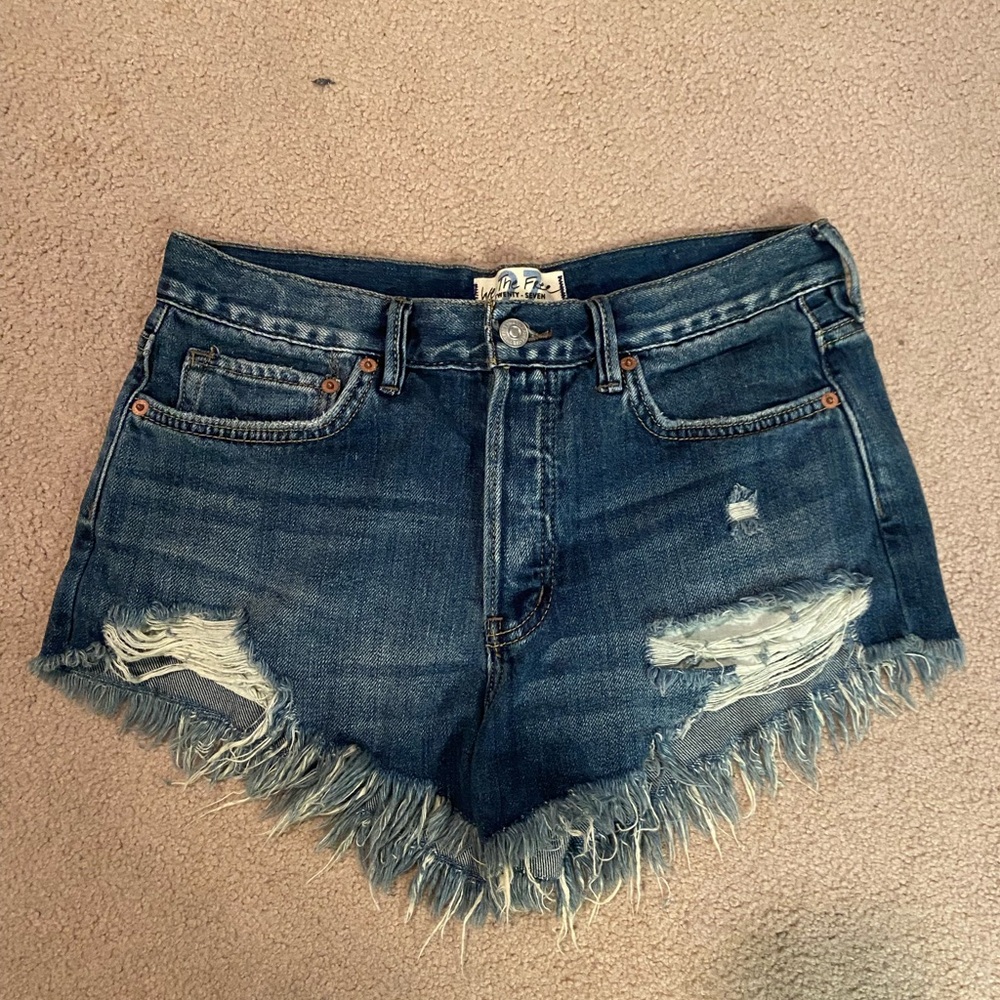 We The Free Blue Frayed Jean Shorts